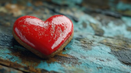 Fototapeta premium Close-up of a heart-shaped cookie decorated with red icing, placed on a rustic surface, cheerful and festive, artistic and inviting