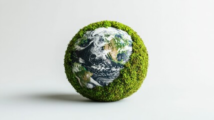 Fototapeta premium Close-up of a globe made of moss resting on a white background, minimalistic and detailed, artistic and inviting