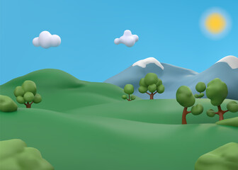 Fototapeta premium 3d park background. Sky with sun, green grass and tree land hill, nature garden clouds and forest. Spring mountain with snow. Countryside panorama. Isolated cartoon elements. Vector background