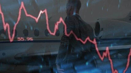 Walking past private jet, businessman with stock market animation in background - Powered by Adobe