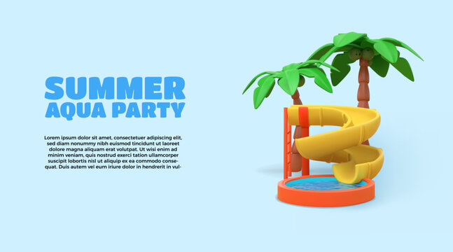 3D water slide. Amusement park. Swimming pool with render waterslide pipe and tropical palms. Summer aqua party. Tube attraction. Children waterpark playground. Vector cartoon banner