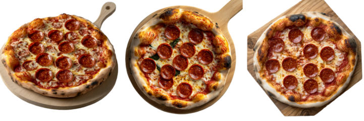 A mouth-watering New York-Style Pepperoni Pizza is displayed on a classic peel, photographed in a food photography style and standing out against a clean white background