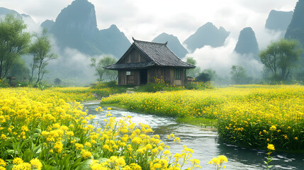 In the spring of Guangxi, there is an ancient Chinese village surrounded by mountains and rapeseed flowers in full bloom
