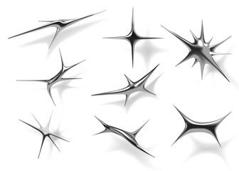 Glossy stars. 3D barbs. Sharp silver shapes. Metallic figures with shadow. Galaxy chrome metal. Platinum or mercury spikes. Reflective sparks. Aluminium blobs. Vector steel forms set