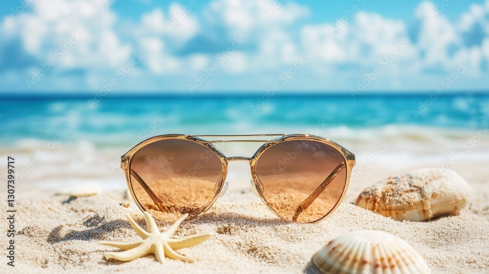 Leinwandbilder sunglasses resting on sandy beach with seashells and clear blue ocean in the background on a sunny d