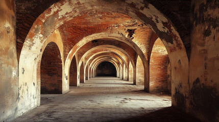 Long, narrow, brick tunnel with a lot of space