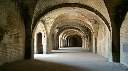 Long, narrow, brick tunnel with a lot of space