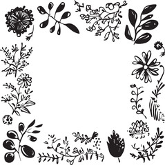 Cute doodle flower circle frame black and white silhouette