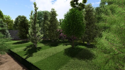 3d image of the landscape design of the home territory. Landscaping of the territory. Computer visualization of composite landscaping and landscaping solutions.