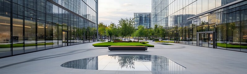 Modern urban plaza with greenery, reflecting pools, and sleek glass buildings under a cloudy sky.