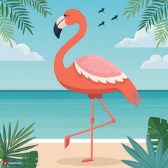 Flamingo on the beach Summer vibes illustration