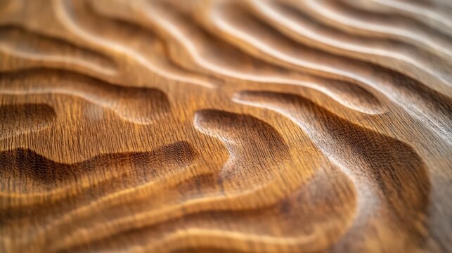 Close-up of intricate wood carving with wavy, fluid patterns and warm hues
