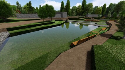 3d image of the landscape design of the home territory. Landscaping of the territory. Computer visualization of composite landscaping and landscaping solutions.