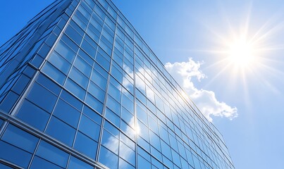 Modern glass building reflecting sunlight against a clear blue sky.