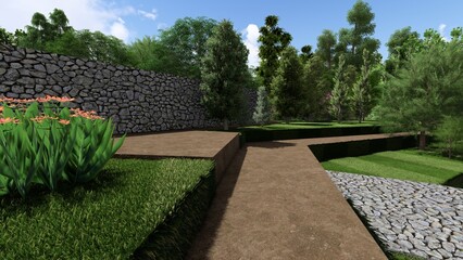 3d image of the landscape design of the home territory. Landscaping of the territory. Computer visualization of composite landscaping and landscaping solutions.