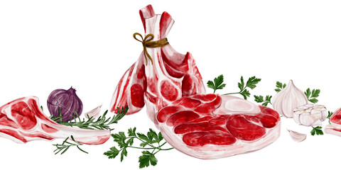  Seamless border with meat and spices. Raw beef and lamb steaks. Herbs and spices. Peppers and onions. Everything for cooking meat