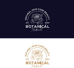 Botanical natural skin care beauty logo line art vector. Two variations of a logo featuring a stylized rose and the words