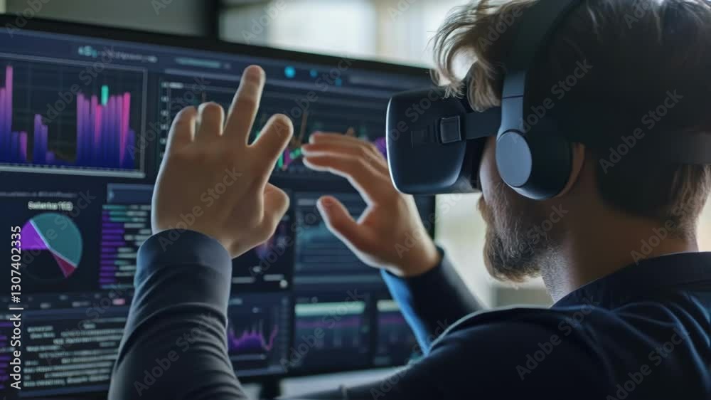 Poster software engineer wearing virtual reality headset interacting with financial charts and data display