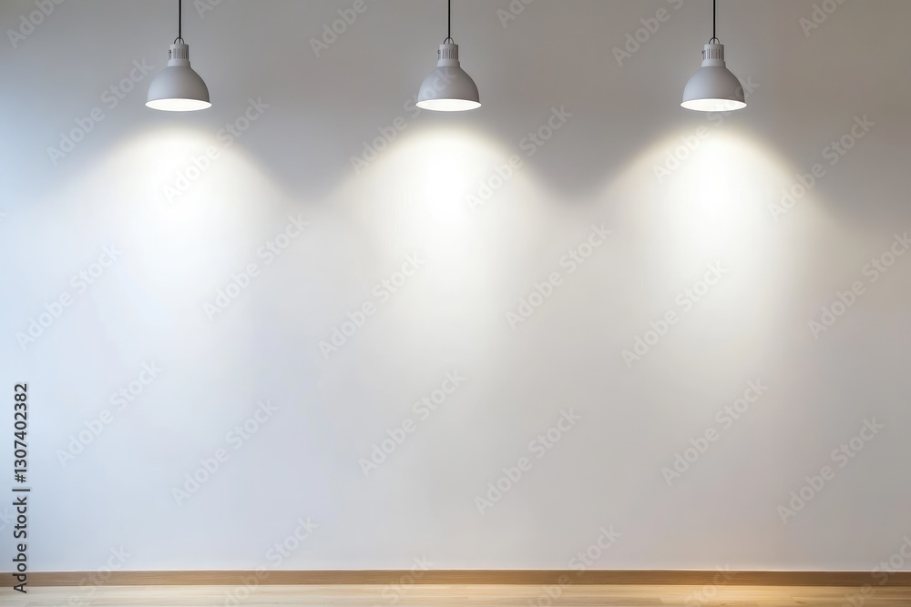 Aufkleber A white wall with three modern spotlights casting soft illumination, creating a clean and minimalist background. Ideal for interior design, product mockups, and presentations