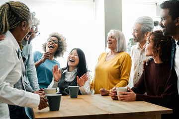 People drinking coffee kitchen party. Diverse family and friends have fun together. Life style and friendship concept