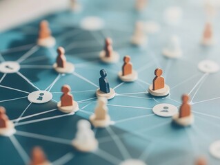 A colorful network of people is displayed in a blue background in wooden shapes 