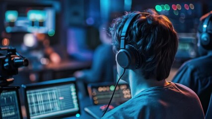 Professional audio technician wearing headphones, meticulously adjusting sound levels and frequencies on a mixing console, ensuring high quality audio output for a live event