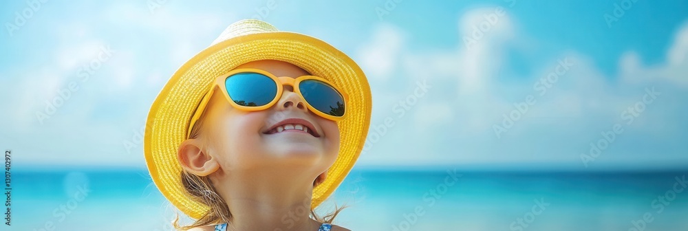 Poster bright sunny day at the beach with a joyful child wearing a yellow hat and sunglasses enjoying the w