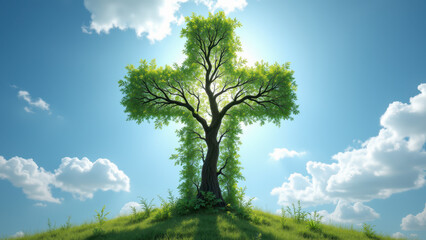 Obraz premium A serene Christian landscape with a cross-shaped tree at its center.