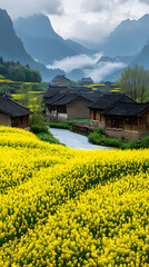 Fototapeta premium In the spring of Guangxi, there is an ancient Chinese village surrounded by mountains and rapeseed flowers in full bloom 