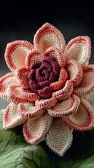 Beautiful Handmade Floral Arrangement, Colorful Twisted Petals Forming An Elegant Lotus Flower, Artistic Craft Composition Set Against A Soft Green Leaf Background