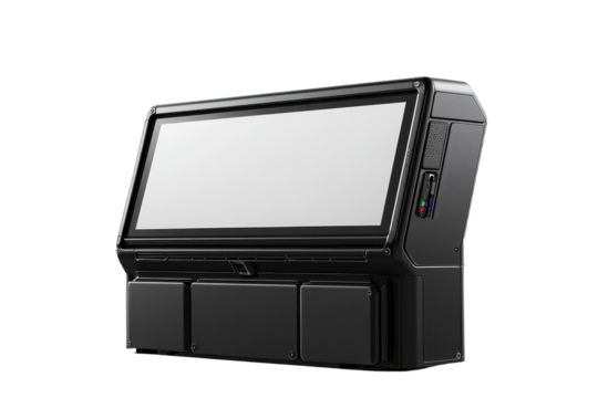 The point of sale terminal features a modern touch screen and is depicted on a white background or optionally a transparent background
