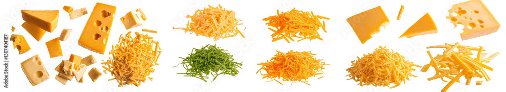 Poster falling grated cheese forms a delicious heap of cheese shavings, an isolated set on a transparent ba