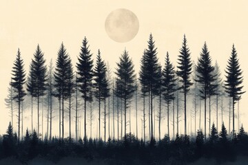 A serene forest scene featuring tall evergreens silhouetted against a soft glowing full moon The atmosphere is calm and slightly mysterious