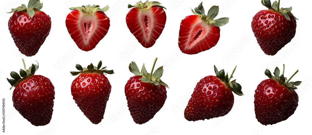 Poster Fresh strawberries in an assortment are positioned on a white background, captured from an overhead angle and isolated using a clipping path