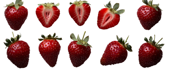 Fresh strawberries in an assortment are positioned on a white background, captured from an overhead angle and isolated using a clipping path