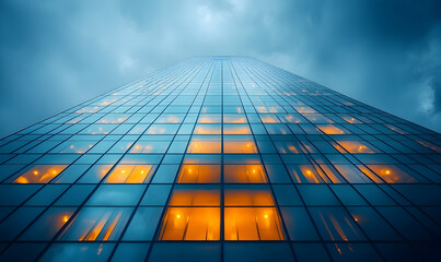 Modern architecture skyscraper with glass facade against dramatic sky