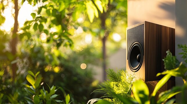 Close-up of a high-end outdoor speaker integrated into minimalist decor digital