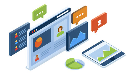 Futuristic dashboard displaying analytics, user profiles, and communication tools, showcasing AI driven marketing insights