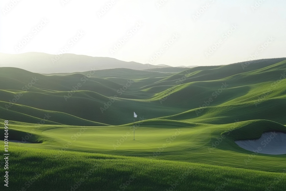 Poster Serene golf course with rolling hills and a flag marking the hole in calming sunlight Generative AI