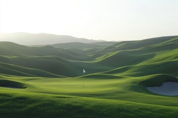 Fototapeta premium Serene golf course with rolling hills and a flag marking the hole in calming sunlight Generative AI