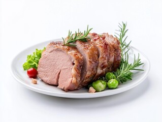 Roasted meat served on a white plate, decorated with fresh rosemary and small vegetables