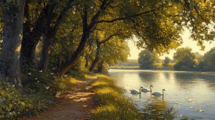 Obraz premium Serene riverside scene featuring elegant swans and a tranquil walking path