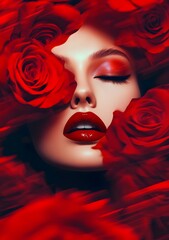 A stunning portrait featuring a beautiful woman framed by vibrant red roses. Beauty industry advertising photo, generative AI.
