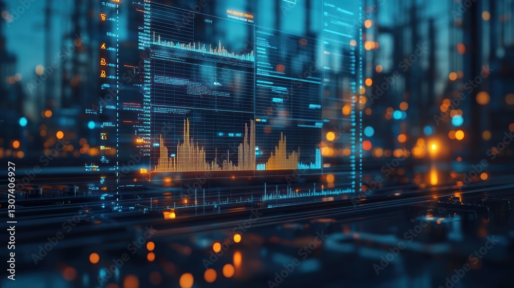 Poster futuristic digital interface displaying financial data graphs and charts at night.