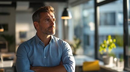 Fototapeta premium Professional man contemplating in a modern office setting