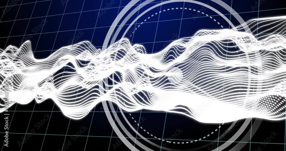 Poster animation of abstract white waveforms over grid with circular geometric patterns