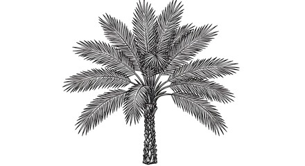 Palm tree, monochrome, detailed illustration, botanical drawing, tropical foliage, single tree, tall trunk, frond canopy, black and white, high contrast, isolated on white background, textured, realis