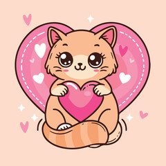 Lovely cat with pink hearts vector illustrator. Cute Valentine card in kawaii style. Can be used for t-shirt print, stickers, greeting card design. Vector illustration EPS8.