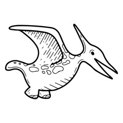 Cute dinosaur pterodactyl. Hand drawn doodle. Bird. Ancient flying animal. Fauna. Cartoon character for kid. Vector line art illustration.