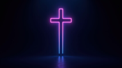 Neon cross glowing against a dark background with a reflective surface below.